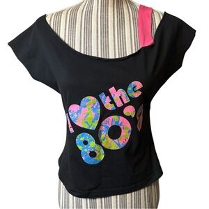 “I Love the 80’s” Top Sm/Med Black Graphic Off-Shoulder Pink Strap Asymmetrical